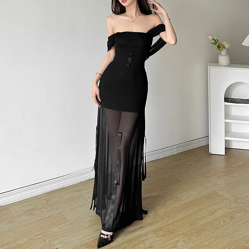 Goth Dark Fairycore Diverse Dressing Styles Partywear Sexy Strapless Hooded Long Dress Gothic Cute Bow Mesh Slim Bodycon Dresses