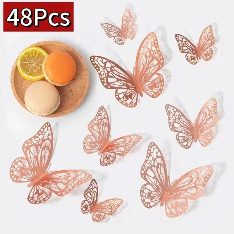 48 autocollants muraux papillons creux dorés et argentés, papillons 3D, pour chambre à coucher, salon, décoration de maison, applique, décoration de mariage
