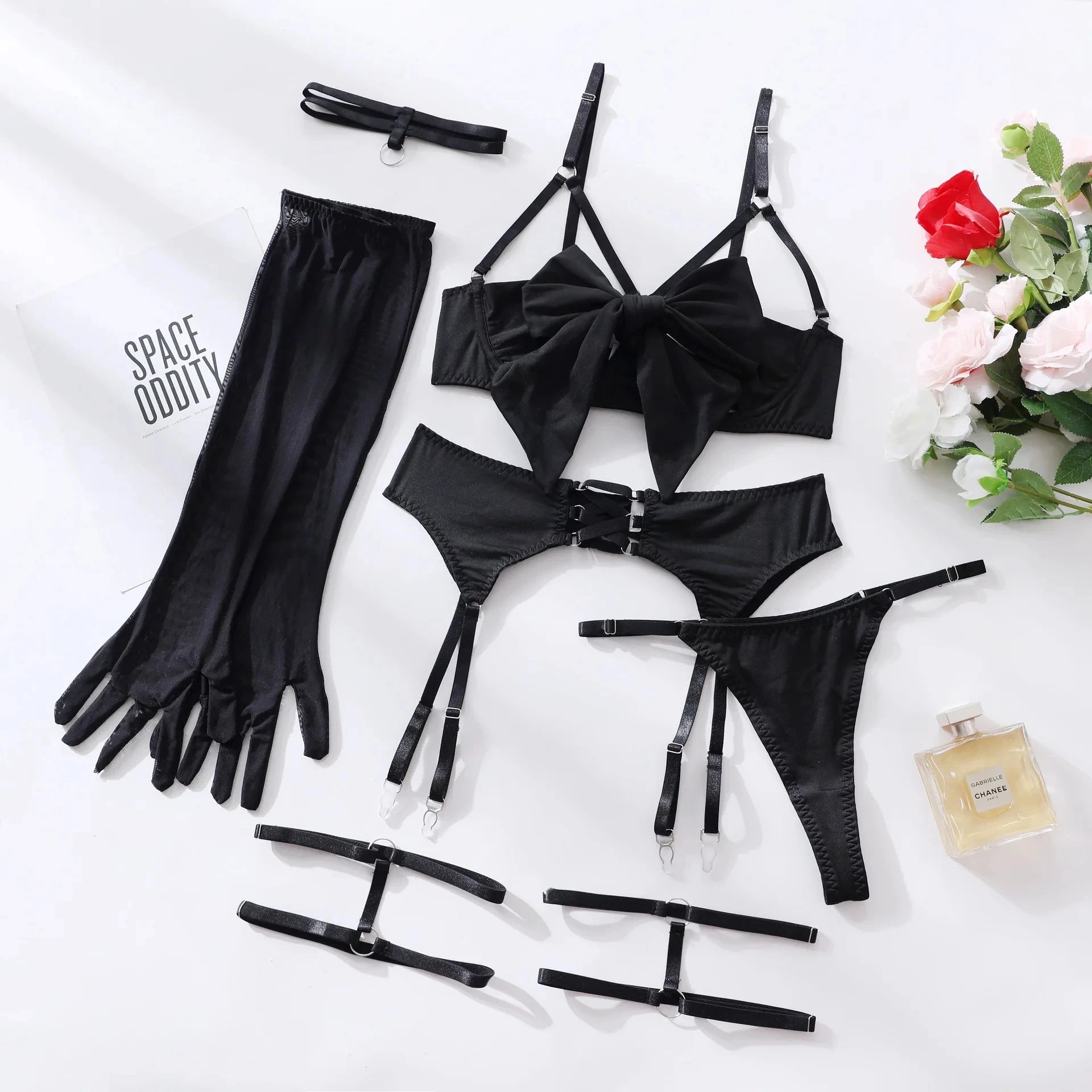 Ensemble de lingerie Ellolace Nœud Papillon Soutien-gorge Ouvert en Soie Sous-vêtements Sissy Bilizna Non Censurée Pornographie Sensuelle Intime Jarretière Strings Tenues Sexy