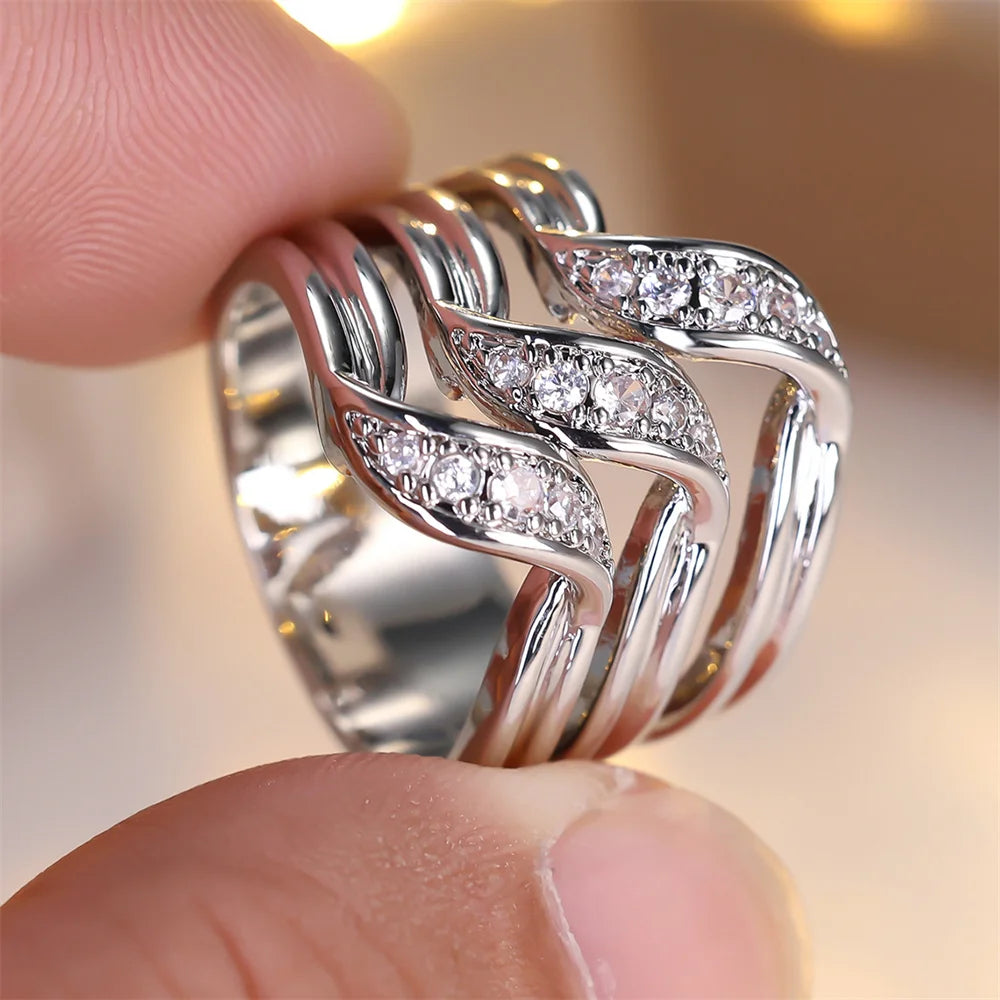 Bagues en pierre de cristal trois couches avec zircon blanc pour femme, bague de fiançailles couleur argent tendance, bijoux de mariage, cadeau polyvalent pour mariée