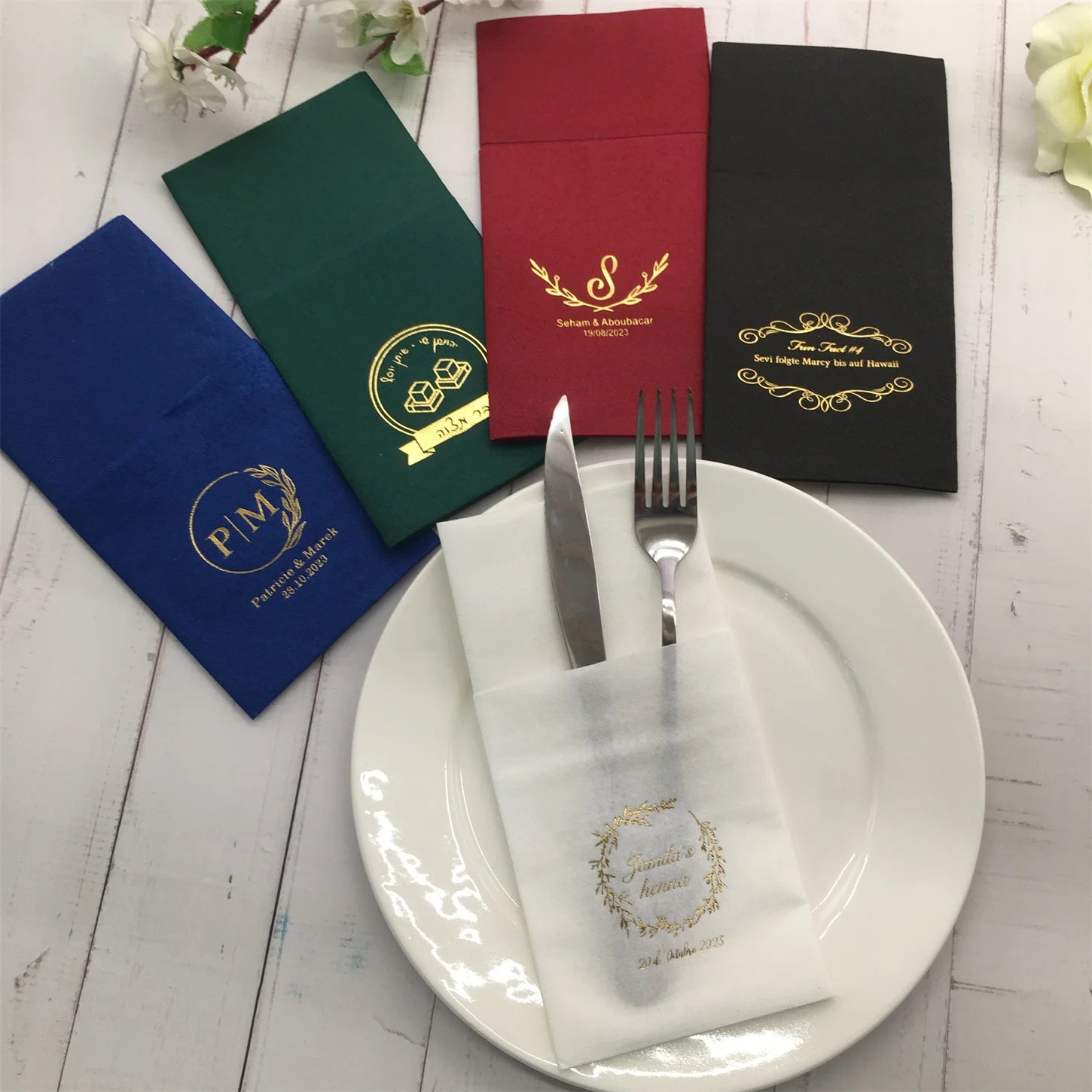 50pcs Personalized Napkins Wedding Engagement Party Table Dinner Decoration Custom Bar Napkins LOTS of COLORS Avail