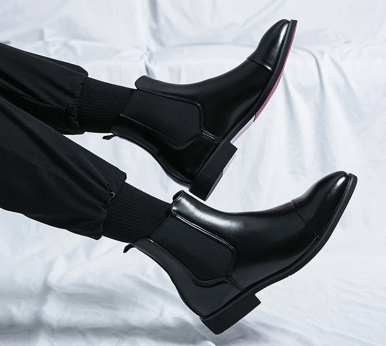 Bottes Cheville Homme Affaires Semelle Rouge Bout Pointu Bottines Habillées Britanniques Chaussures Hautes en Cuir Décontractées Chelsea Homme à Enfiler