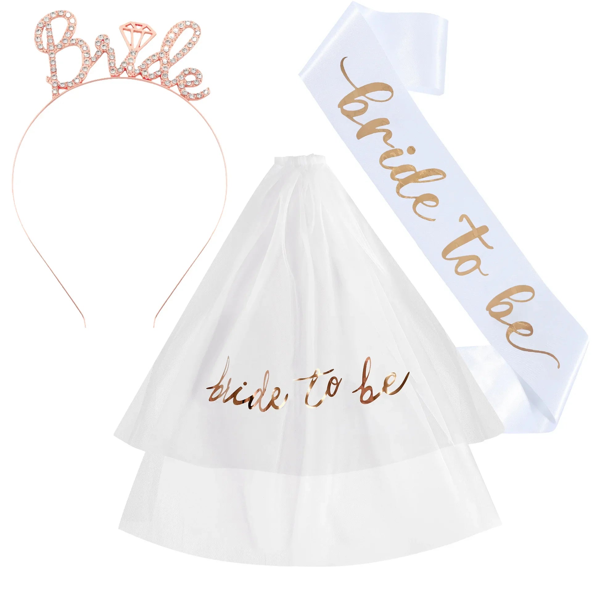 Ensemble de 3 accessoires de fête de mariage pour mariée avec écharpe, diadème et voile pour les décorations de fête prénuptiale et d'enterrement de vie de jeune fille