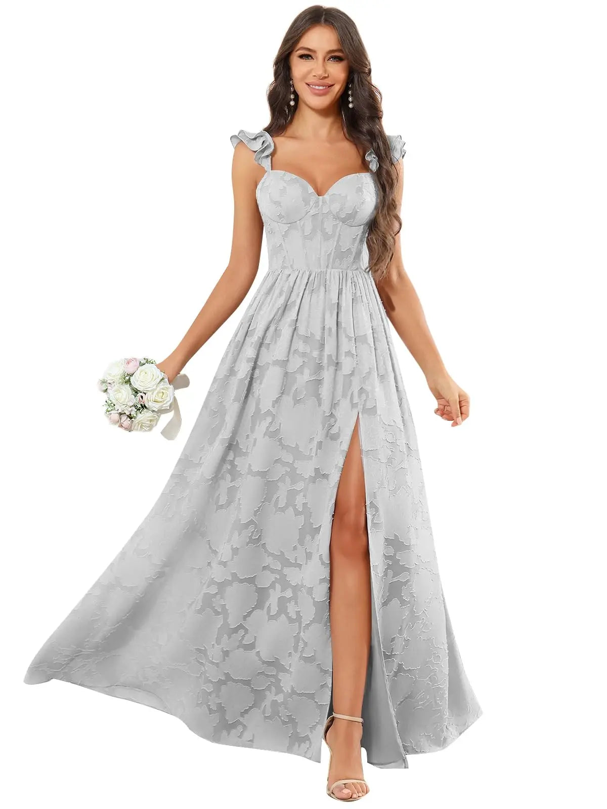 Floral Ruffle Bridesmaid Dress | Sweetheart A-Line Gown with Slit | Wedding Party