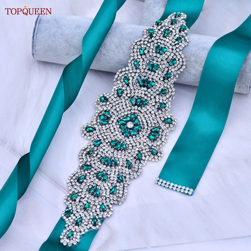 TOPQUEEN Ceinture Verte Multi-styles Avec Diamants Accessoires de Mariage Nuptiaux Strass Robes Femme Soirée Ceintures S30