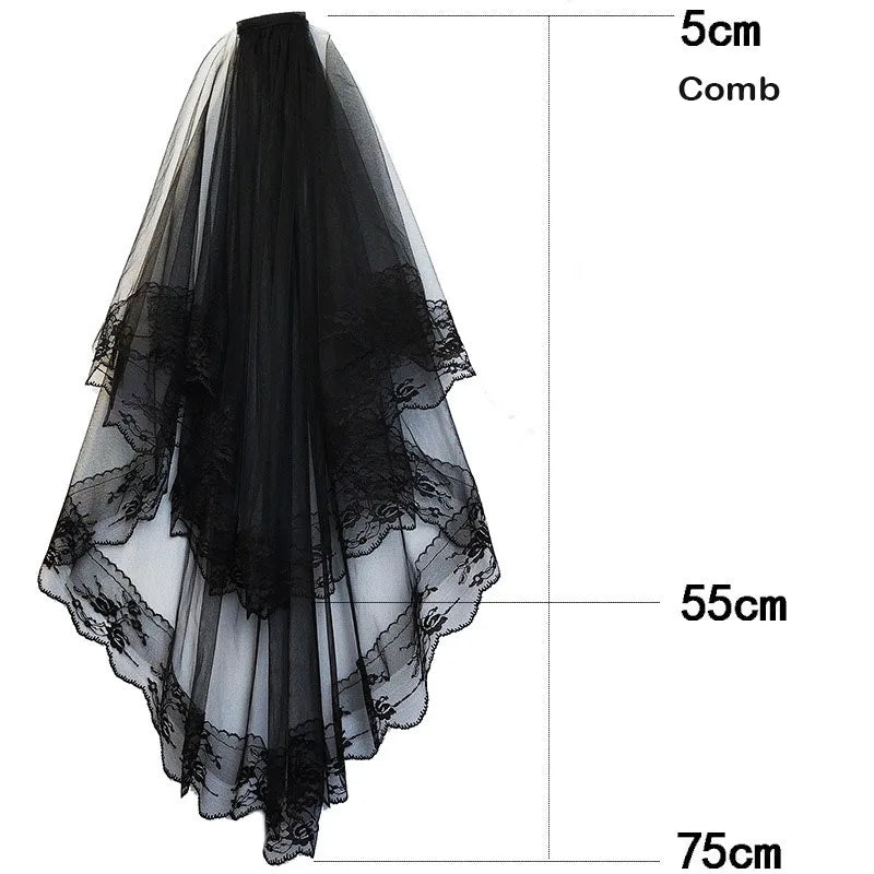 Voile de Mariée d'Halloween pour Femme avec Bord en Dentelle Voile de Mariage en Tulle 2 Niveaux