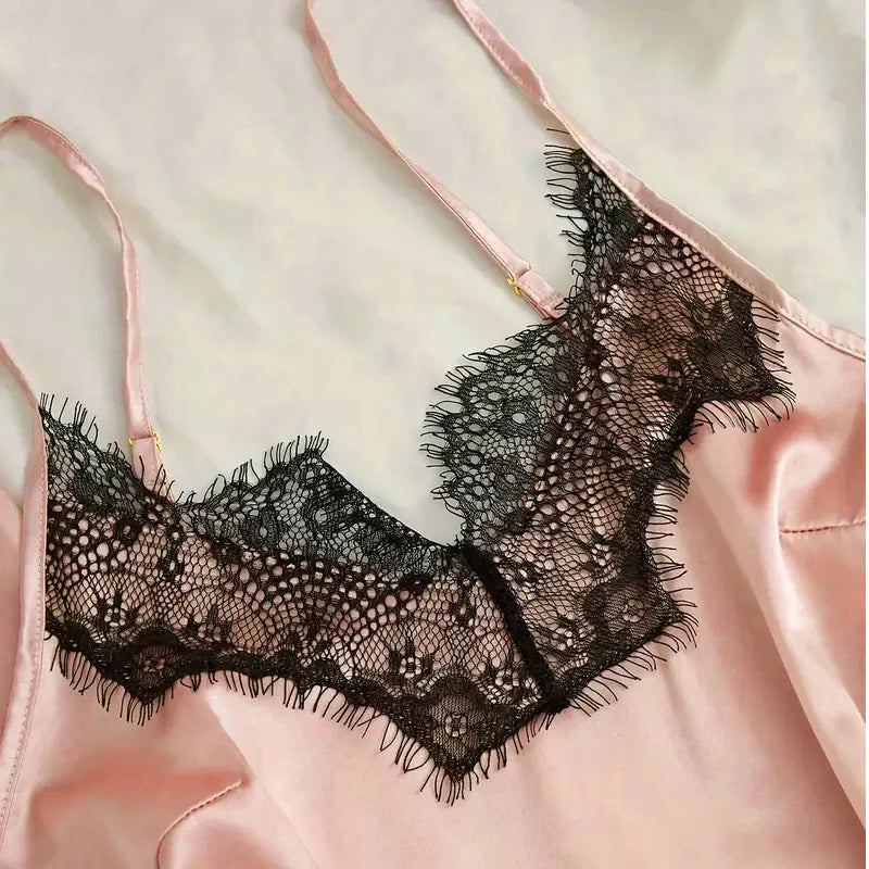 Ensemble de pyjama en satin pour femme, rose, lingerie sexy, robe de chambre, patchwork en dentelle, nuisette en soie, pantalon, vêtements de nuit pour la maison