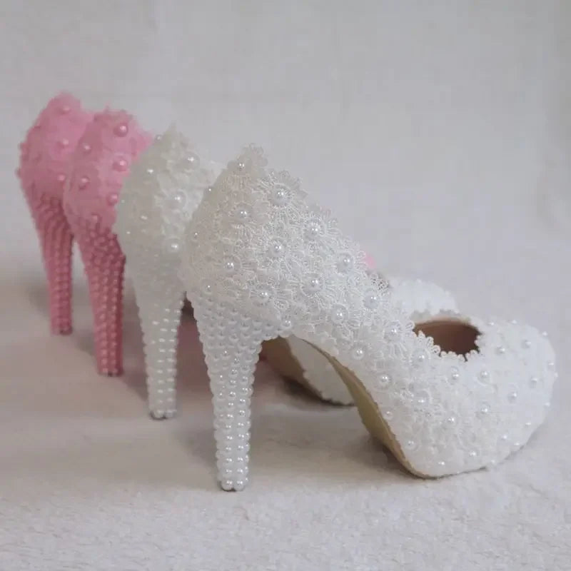 Chaussures Femme Escarpins Dentelle Strass Bout Rond Talons Fins 14cm Blanc Délicat Doux Mariage Chaussures à Talons Hauts