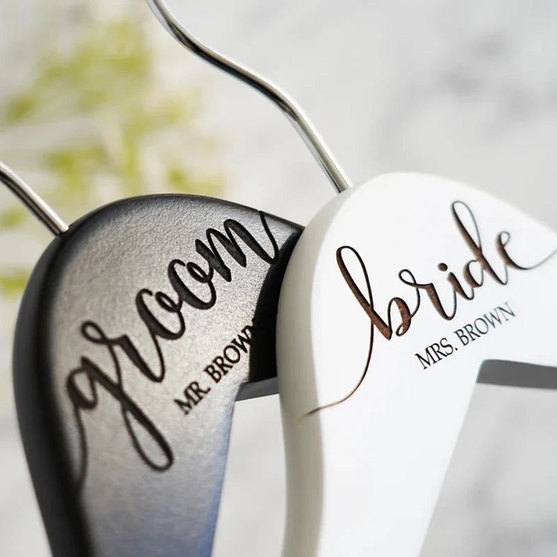 Personalized Engraved Wedding Hangers | Set of 2 Bride & Groom Wooden Hangers