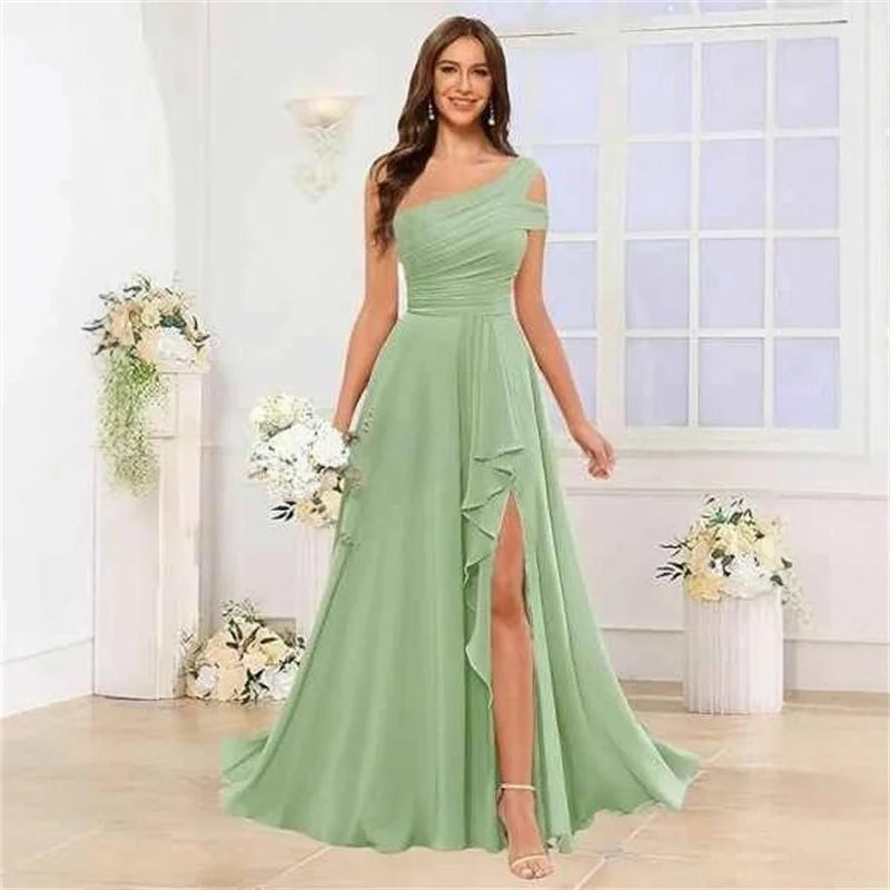 Robe de Demoiselle d'honneur en Mousseline Coupe Droite, Épaule Dénudée, Fendue, Plissée, Élégante pour Mariage, Soirée ou Bal, Dos Lacé