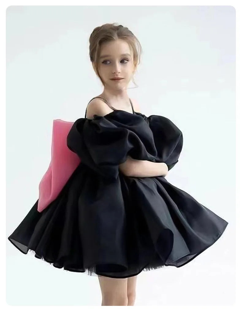 Robe gothique noire pour bébé fille de 4 à 8 ans, pour occasions formelles, manches bouffantes, robe de princesse pour fête d'anniversaire d'enfants avec nœud rose élégant