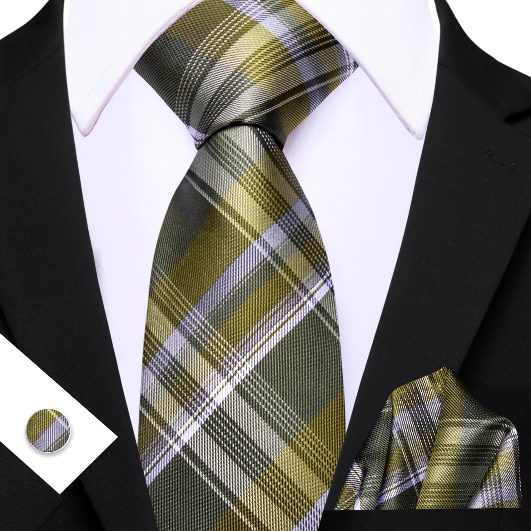 Barry.Wang Cravate Jacquard Or et Jaune pour Homme avec Mouchoir de Poche et Boutons de Manchette, Cravate Exquise pour Mariage et Affaires
