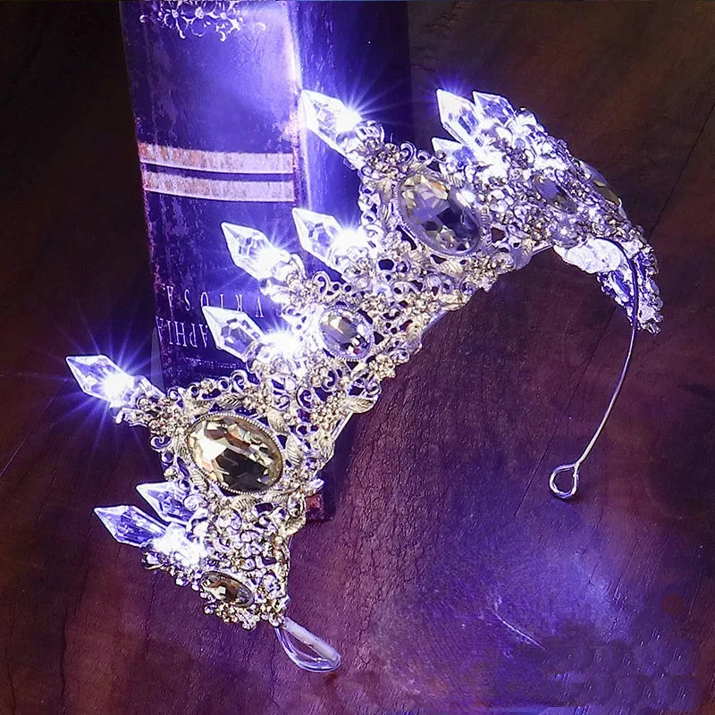 Accessoires de Cheveux de Mariée Lumineux Alliage Cristal Fête LED Lumineux Couronne Strass Diadème Fleur Reine Mariage Festival