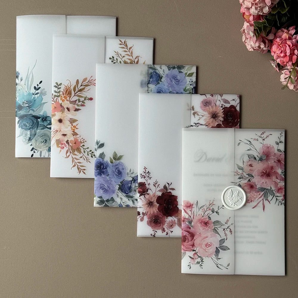 20pcs Watercolor flower Vellum  Wrap suitable for a 5 x 7 Wedding Invitation,vellum jacket,custom invitation