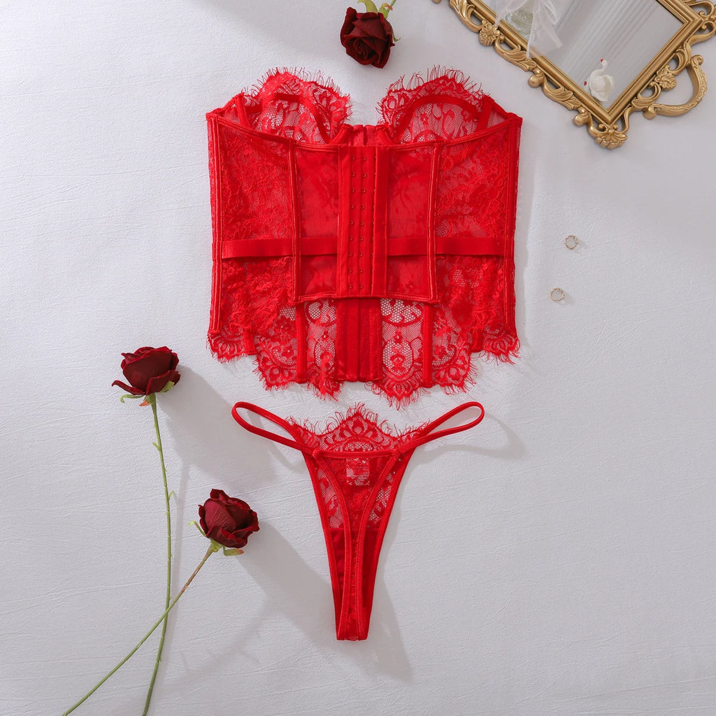 Ensembles de Lingerie Ellolace Palace Femme Corset Souple String Ensemble 2 Pièces Sexy Chaud Sans Bretelles Dentelle Fantaisie Décolleté Plongeant Sous-Vêtements Femme
