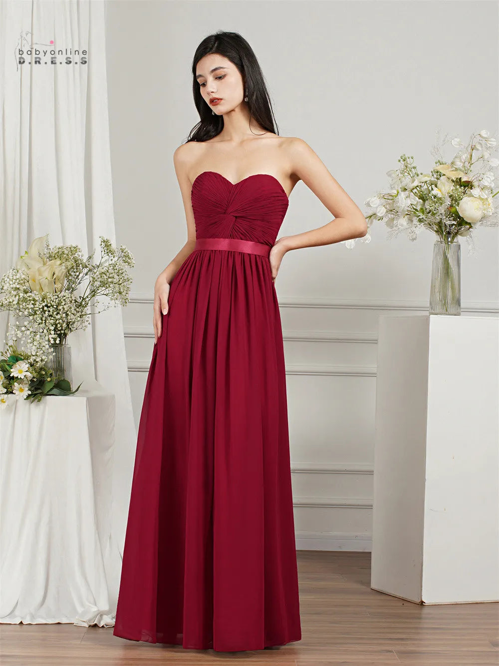 BABYONLINE Robes de demoiselle d'honneur pour fête de mariage élégantes bordeaux plissées en mousseline de soie coupe trapèze longues robes de soirée formelles de bal