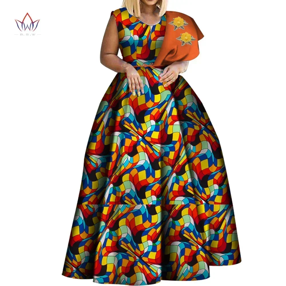 Bintarealwax Robes africaines Dashiki imprimées Bazin Robe de soirée asymétrique Robes africaines grande taille pour femmes WY3834