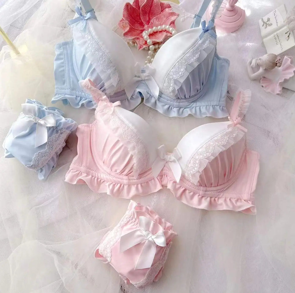 2023 New Arrival 100% Real Photo Lolita Fashion Kawaii Cute college girl Push Up Ruffle Bra Panties Set Underwear Brief Lingerie