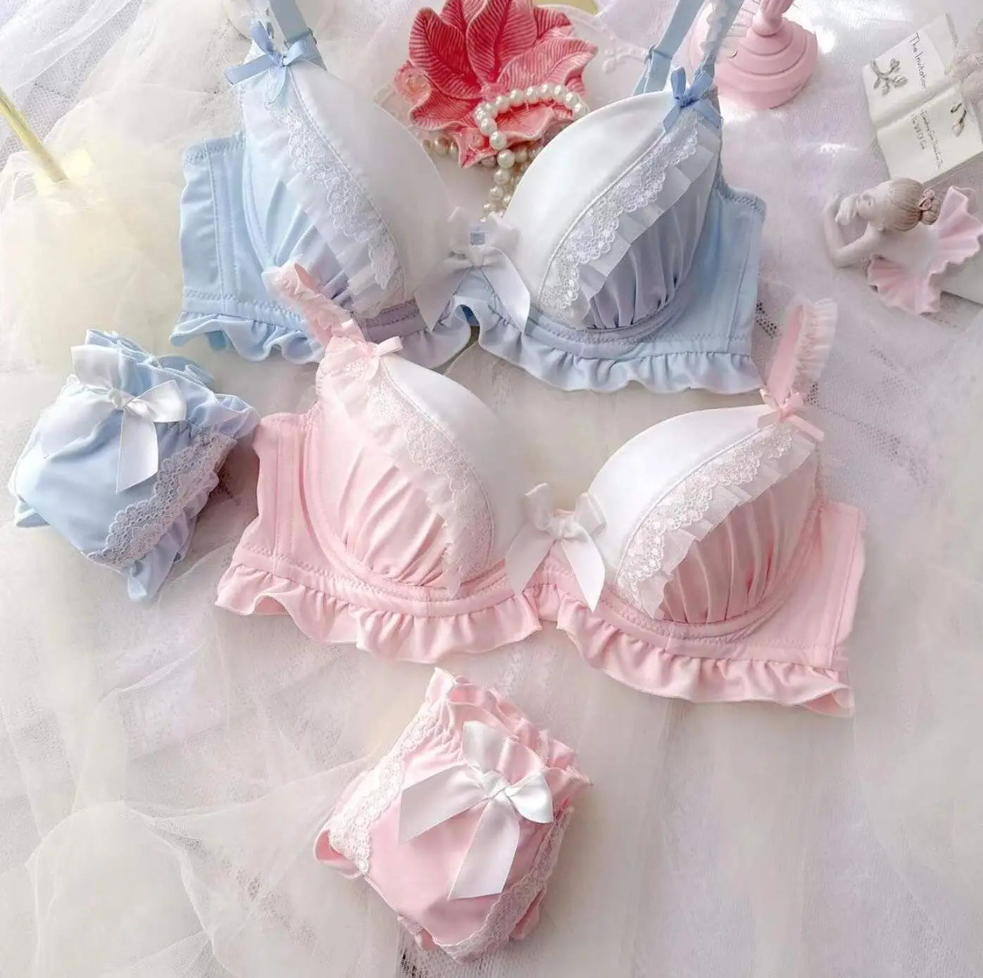 2023 New Arrival 100% Real Photo Lolita Fashion Kawaii Cute college girl Push Up Ruffle Bra Panties Set Underwear Brief Lingerie