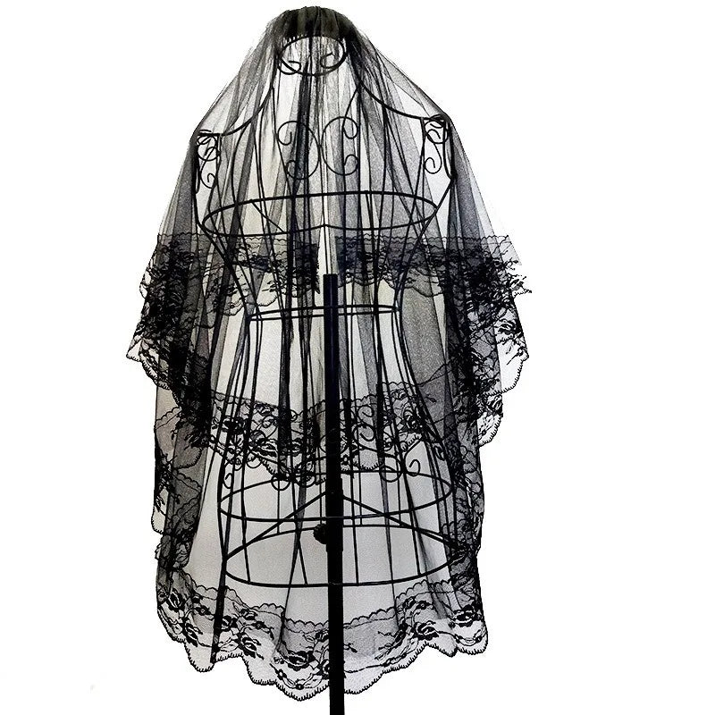 Voile de Mariée d'Halloween pour Femme avec Bord en Dentelle Voile de Mariage en Tulle 2 Niveaux