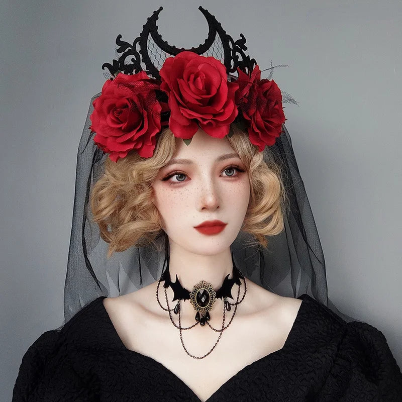 Couronne Gothique Serre-tête Rose Noire Rouge Halloween Roi Mariée Coiffe Sorcière Cosplay Coiffe Fête Mascarade Couvre-chef