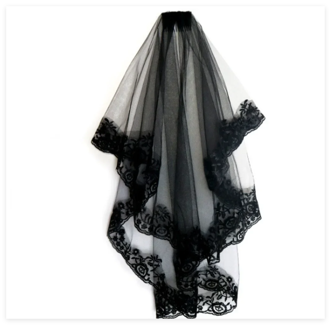 Wedding Veils For Bridal Lace Embroidery Edge Tulle White Black Veil For Halloween Bachelorette Party Headdress Accessories