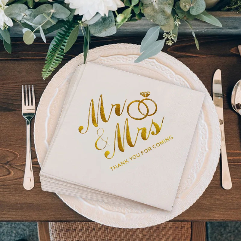 20/60/100 Pièces Serviettes de Mariage Dorées Mr Mrs Serviettes en Papier pour Décoration de Table de Dessert de Mariage Fournitures de Fête Prénuptiale