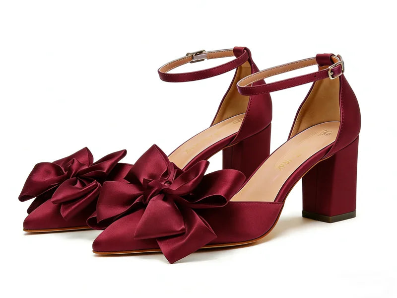 New Leather Solid Snow White Wedding Banquet Ball Thick Heel Pointed Hollow High Quality BowKnot High Heel Sexy Women's Shoes