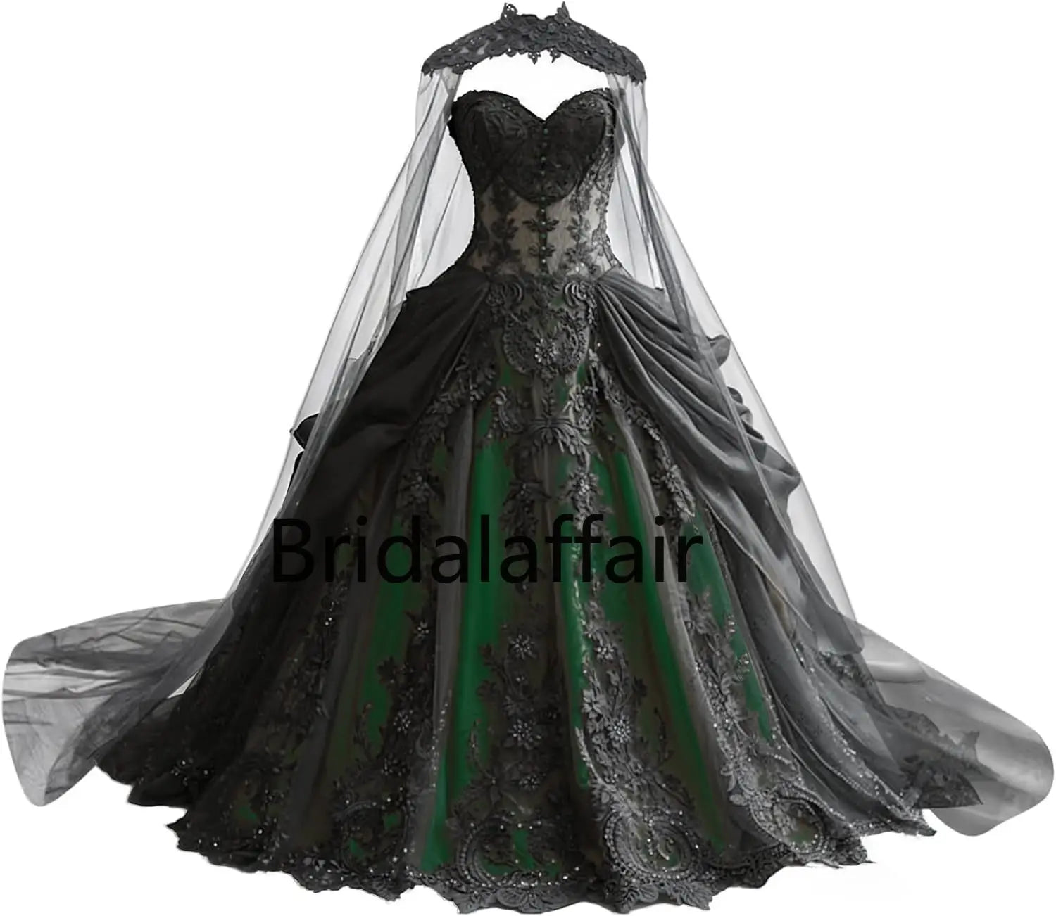 Robes de mariée gothiques pour la mariée Robes de mariée en dentelle noire appliquées Robes de mariée en tulle étagé brodées avec cape
