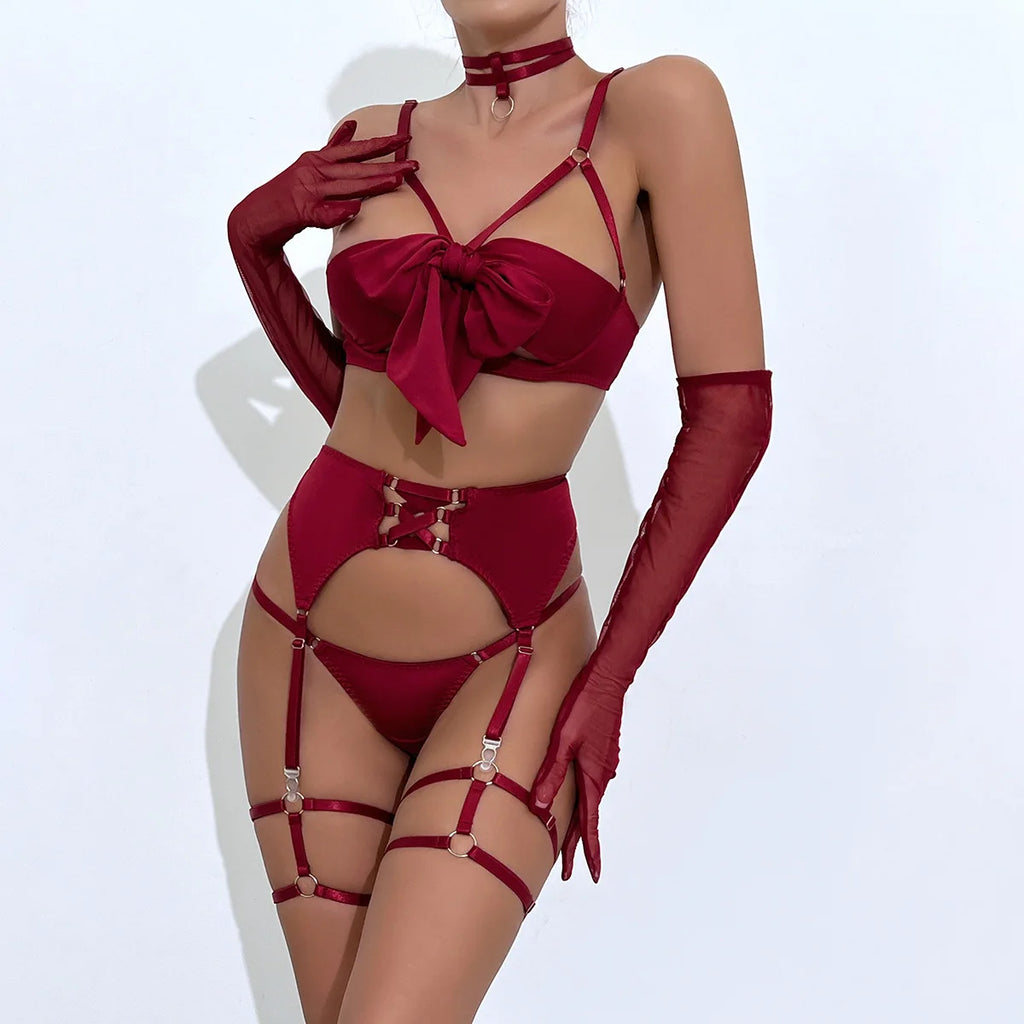 Ensemble de lingerie sexy - Soutien-gorge à nœud, Ensemble de soutien-gorge noir tentation, Ensemble quatre pièces sous-vêtements femme avec ceinture et découpes, Nuisette érotique