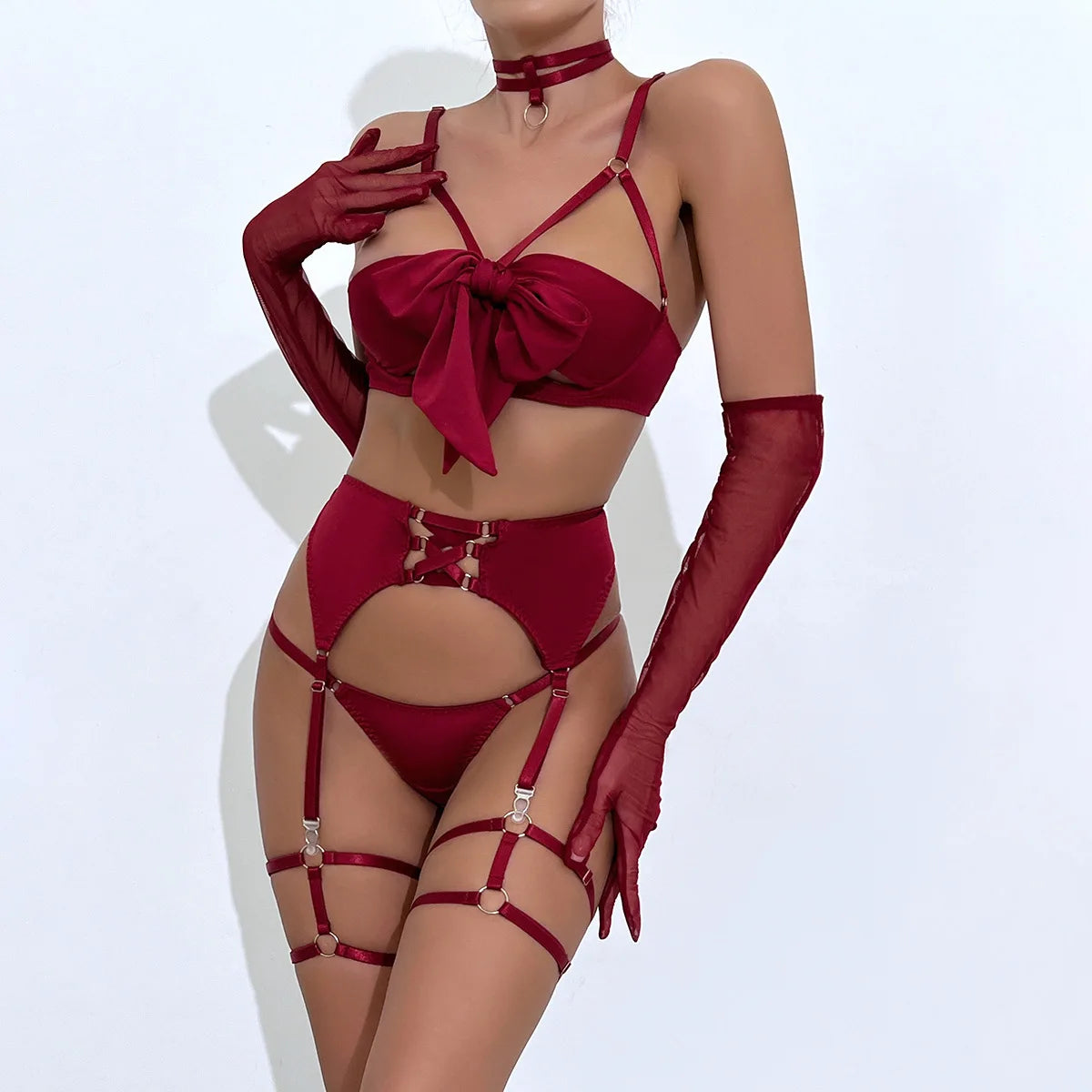 Ensemble de lingerie sexy - Soutien-gorge à nœud, Ensemble de soutien-gorge noir tentation, Ensemble quatre pièces sous-vêtements femme avec ceinture et découpes, Nuisette érotique