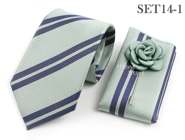 Men's Striped Necktie, Pocket Square & Brooch Set | Groom & Groomsmen Wedding Accessory