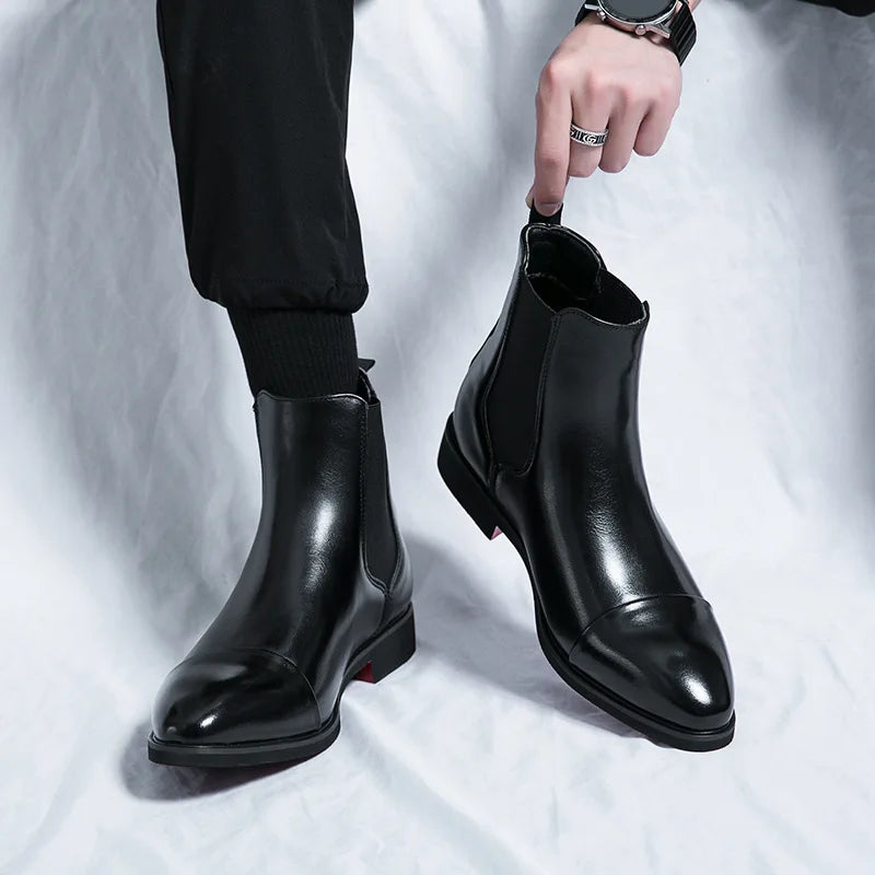 Bottes Cheville Homme Affaires Semelle Rouge Bout Pointu Bottines Habillées Britanniques Chaussures Hautes en Cuir Décontractées Chelsea Homme à Enfiler