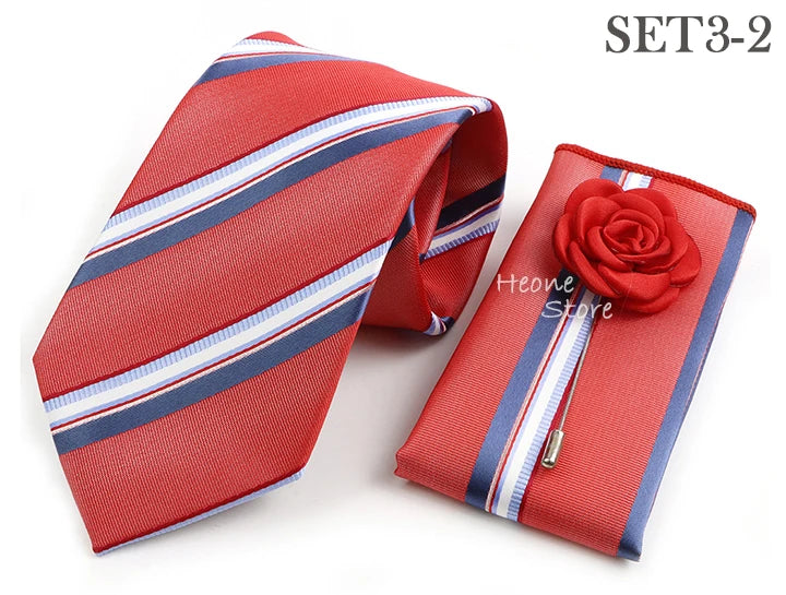 Men's Striped Necktie, Pocket Square & Brooch Set | Groom & Groomsmen Wedding Accessory