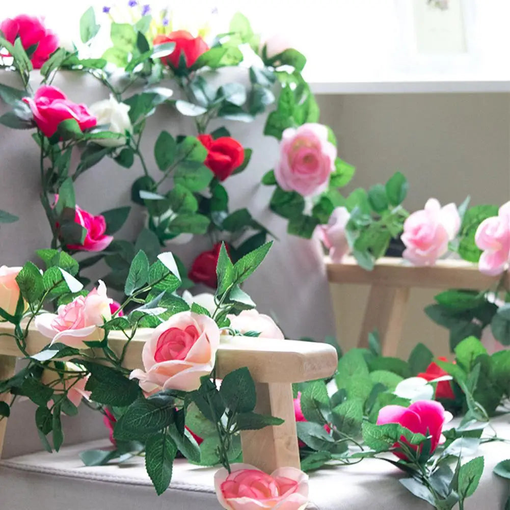 2.3M Guirlande de roses rouges artificielles en soie pour décoration de mariage, fausses fleurs pour la maison, décoration de chambre, vigne florale verte