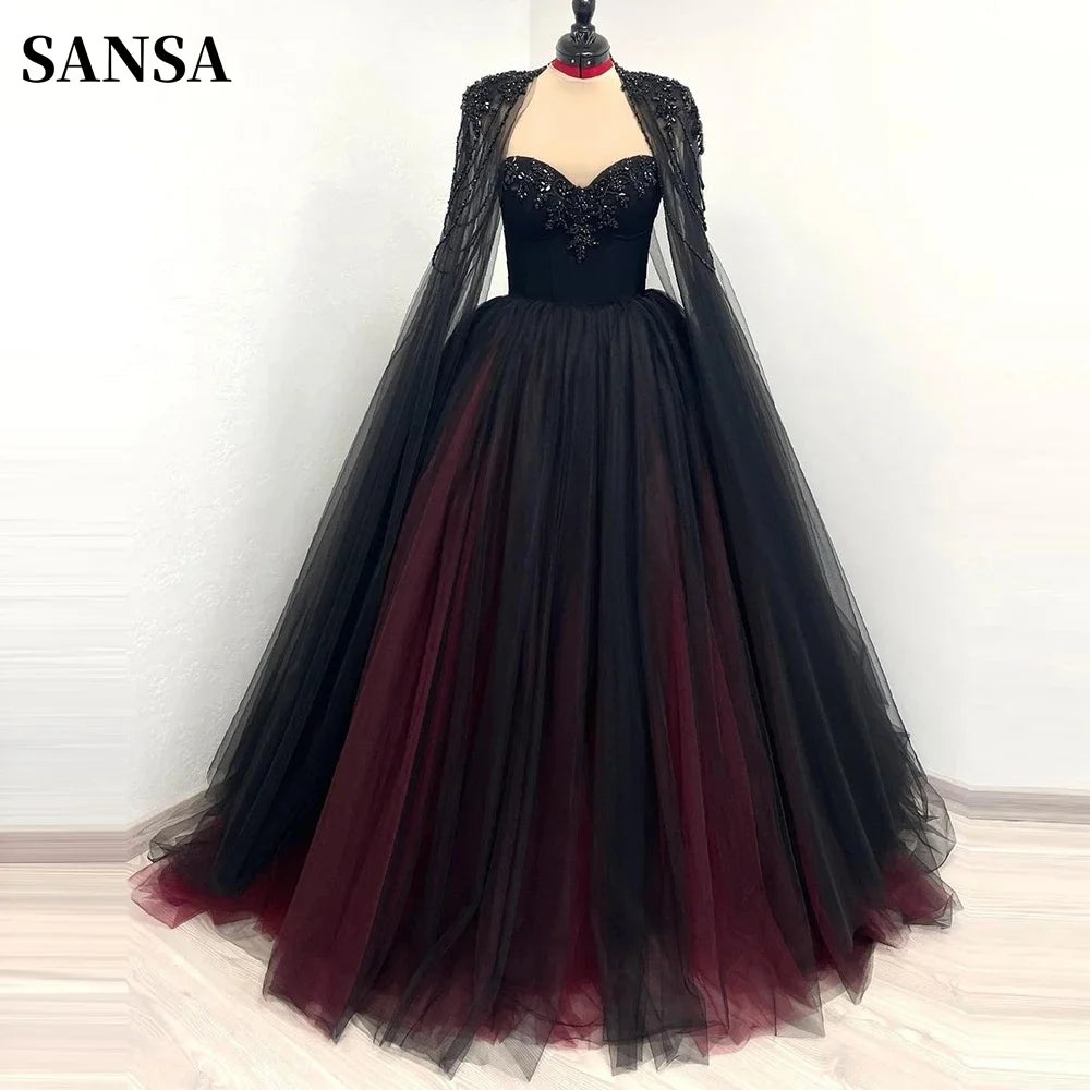 Robe de mariée gothique noire Sansa avec paillettes rouges, cape, manches, robe de bal, Vestidos De Novia, robes de soirée trapèze personnalisées