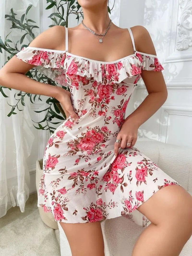 Robe de Nuit Adulte Sexy Jacquard Épaules Dénudées pour Femmes Lingerie Nuisette Pyjama