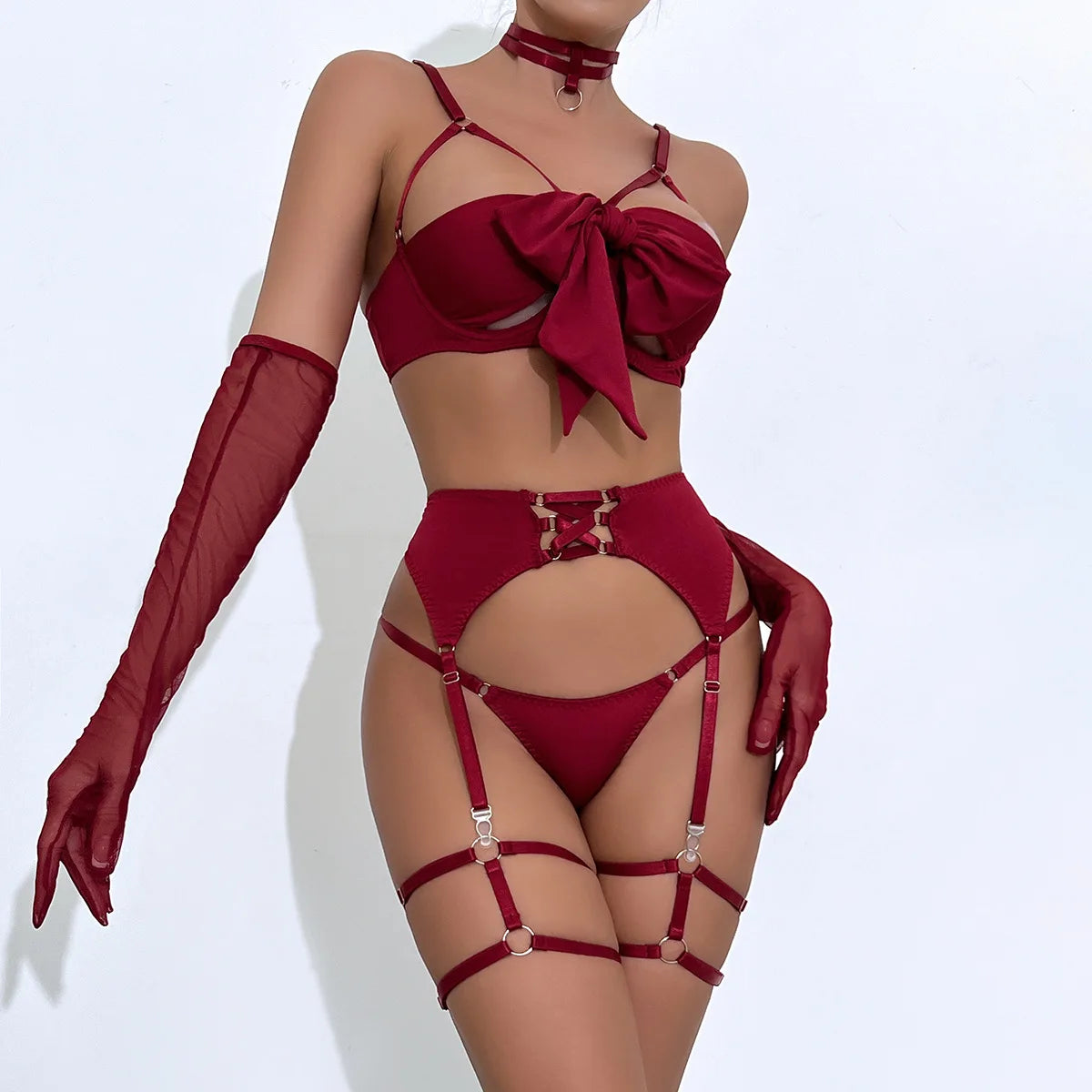 Ensemble de lingerie sexy - Soutien-gorge à nœud, Ensemble de soutien-gorge noir tentation, Ensemble quatre pièces sous-vêtements femme avec ceinture et découpes, Nuisette érotique