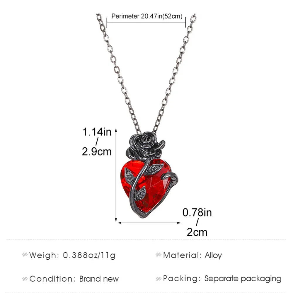 Gothic Black Rose & Red Stone Heart Pendant Necklace