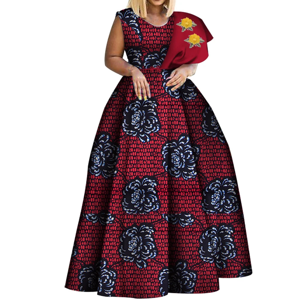 Bintarealwax Robes africaines Dashiki imprimées Bazin Robe de soirée asymétrique Robes africaines grande taille pour femmes WY3834