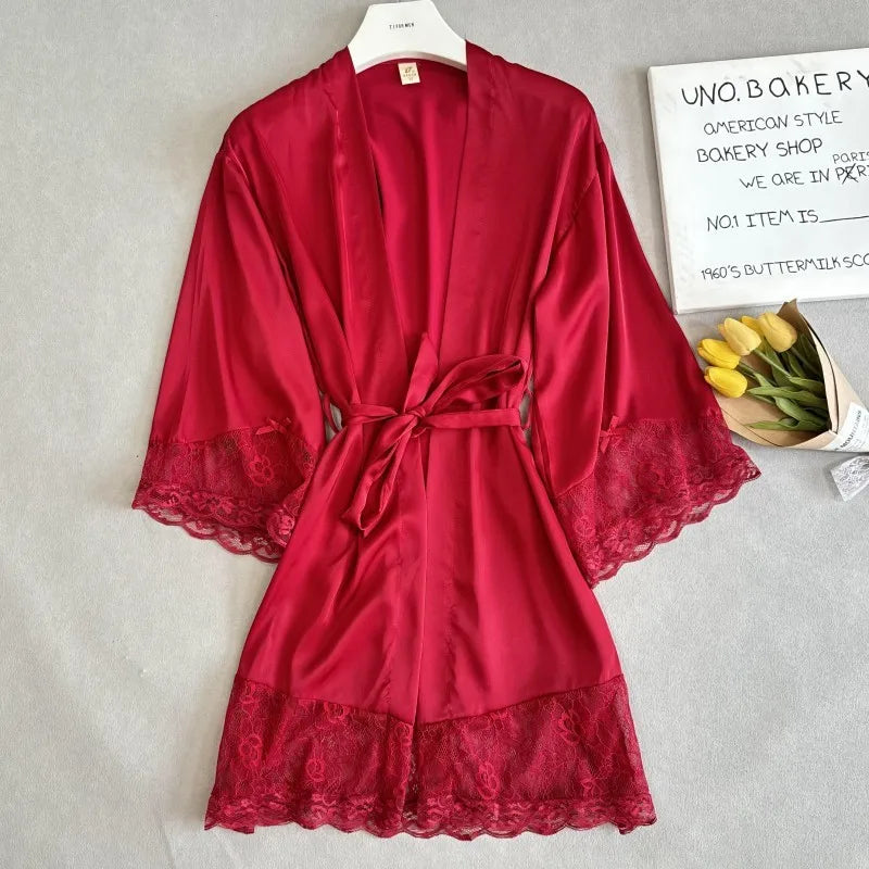 Robe de Mariée Blanche du Matin Peignoir à Dentelle Kimono Femme Élégant Vêtement de Nuit Col V Lingerie Intime en Satin