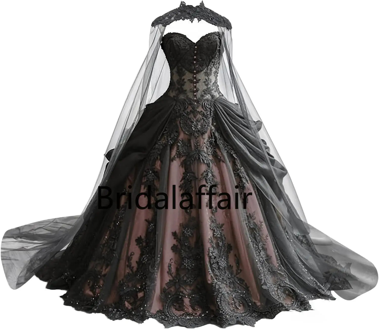 Robes de mariée gothiques pour la mariée Robes de mariée en dentelle noire appliquées Robes de mariée en tulle étagé brodées avec cape