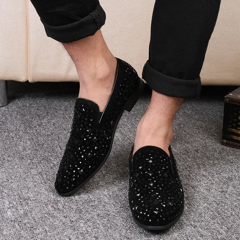 Chaussures habillées pour hommes de luxe à bout pointu, mocassins noirs, en jean, à paillettes métalliques, chaussures de mode de haute qualité pour hommes, chaussures de mariage, nouveauté