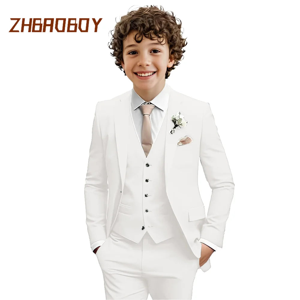 Costume Garçon 3 Pièces Coupe Slim Smoking Enfant Tenue de Mariage Formelle Ensemble Blazer Gilet Pantalon