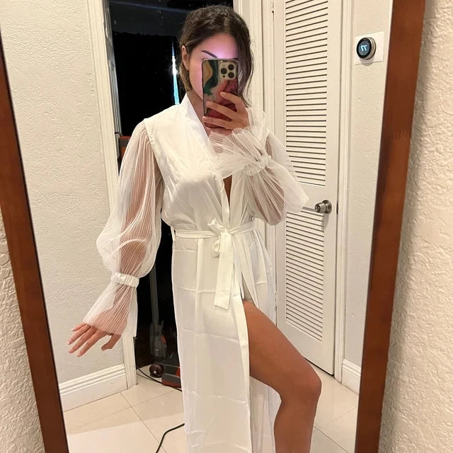 Robe de mariée blanche en soie à manches larges Robe de chambre en satin Robe de mariée boudoir Robe longue Robe de soirée en satin de soie pour femme