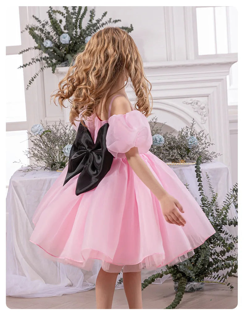 Robe gothique noire pour bébé fille de 4 à 8 ans, pour occasions formelles, manches bouffantes, robe de princesse pour fête d'anniversaire d'enfants avec nœud rose élégant