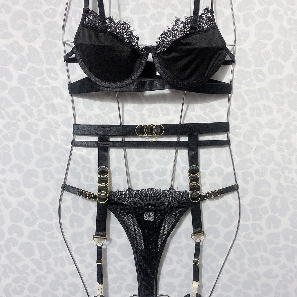 Brskbzda Nouvelle Lingerie Fine Sexy en Dentelle pour Femmes Soutien-Gorge et Culotte 4 Pièces avec Jarretelles Ensemble de Lingerie Érotique de Luxe Sans Couture