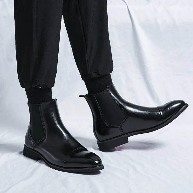 Bottes pour hommes Bottines d'affaires Semelle rouge Bout pointu Bottes habillées Chaussures montantes en cuir de style britannique Chelsea pour hommes décontractées à enfiler