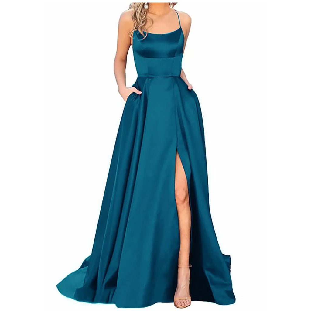 Robe de Demoiselle d'Honneur Bleu Marine pour Mariages Femme Invitée 2024 Sexy à Fines Bretelles Fendue Robes de Soirée Longues