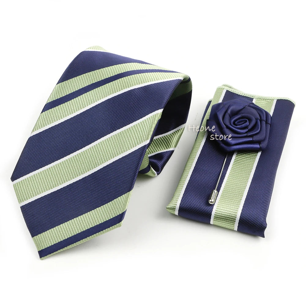 Men's Striped Necktie, Pocket Square & Brooch Set | Groom & Groomsmen Wedding Accessory